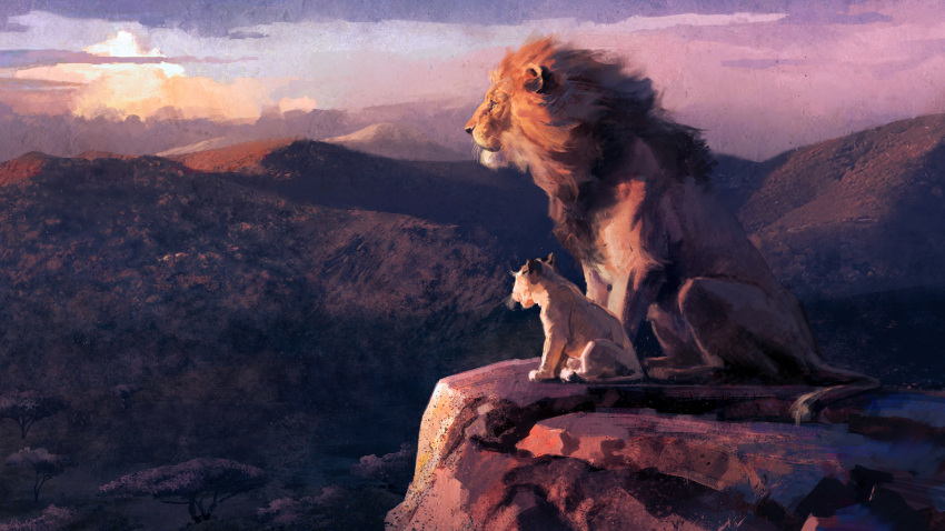animal_focus blue_sky brush_stroke cliff cloud cloudy_sky concept_art father_and_son from_side full_body highres joe_studzinski lion lion_tail looking_ahead mountainous_horizon mufasa no_humans official_art profile savannah simba sky sunlight sunset tail the_lion_king tree whiskers