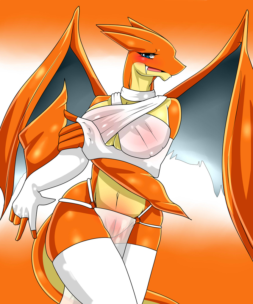 anthro anthrofied blush breasts charizard clothed clothing dragon fangs female geiru_mirua gloves half-dressed happy horn looking_at_viewer mega_charizard mega_charizard_y mega_evolution navel nintendo onodera_nino open_mouth orange_dragon pok&#233;mon pok&eacute;mon pussy smile solo squint standing tongue video_games wings