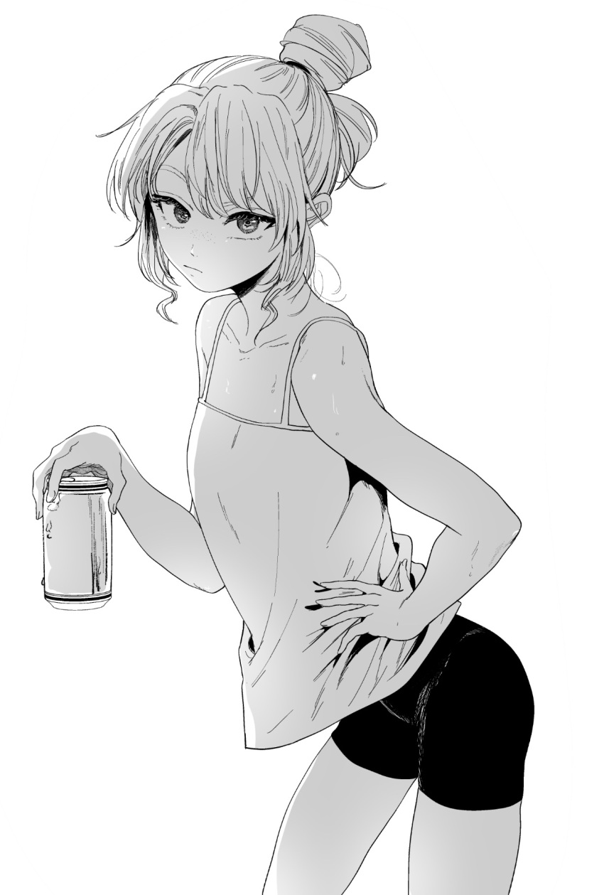 1girl :/ alcohol beer beer_can bike_shorts camisole can collarbone commentary_request drink_can from_side greyscale hair_bun hand_on_own_hip highres holding holding_can inkdaisuki long_hair looking_at_viewer monochrome original simple_background solo sweat white_background