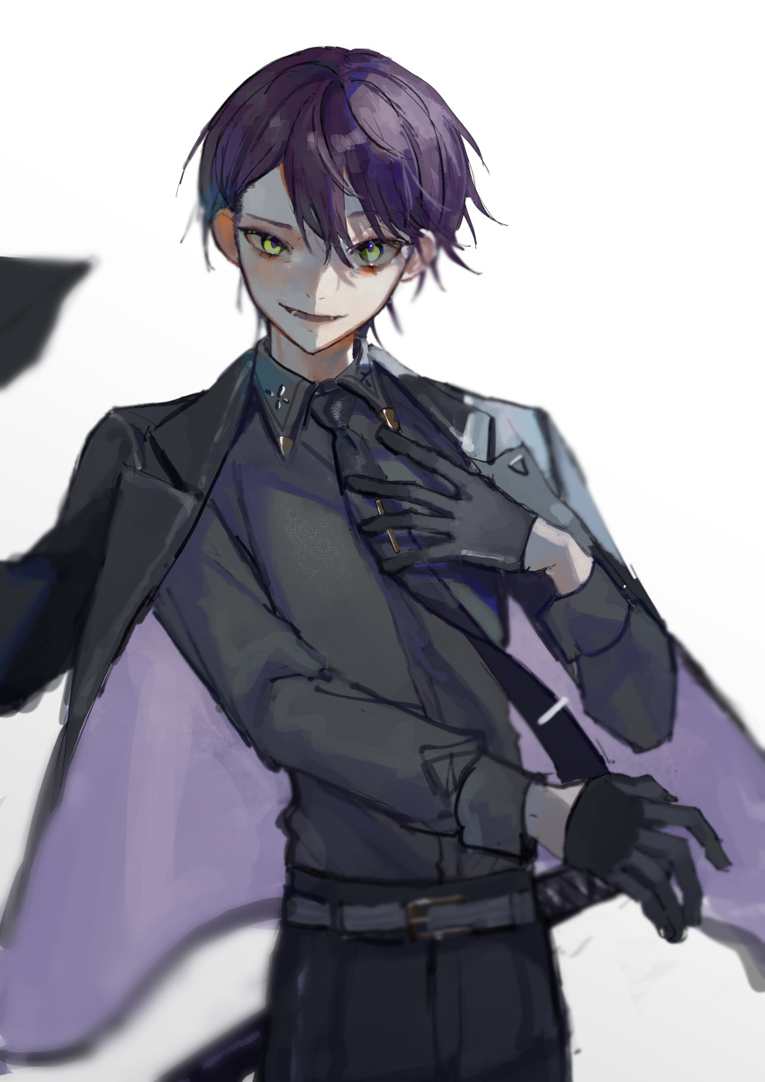 1boy absurdres bishounen black_gloves black_necktie black_shirt cowboy_shot gloves highres kenmochi_touya looking_at_viewer male_focus necktie nijisanji purple_hair shirt short_hair simple_background smile solo tie_clip tunena_mi virtual_youtuber white_background yellow_eyes