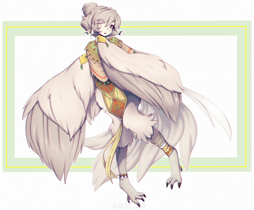 ambiguous_gender animal_humanoid avian avian_feet avian_humanoid clothed clothing european_mythology feathered_wings feathers feet greek_mythology grey_hair hair harpy harpy_humanoid humanoid mythological_avian mythological_creature mythology poncho solo suelix tail talons toes winged_humanoid wings zoe_walelu