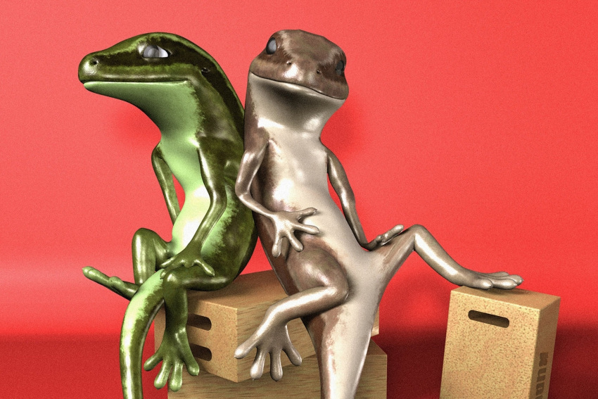 2020 2_lizards 3d_(artwork) abstract_background ambiguous_gender countershade_body countershade_torso countershading digital_media_(artwork) duo female_(lore) glistening glistening_body green_body hi_res lizard meriem_bennani milk_crate orian_barki red_background reptile scalie semi-anthro shadow simple_background sitting_on_box tail tan_body wooden_box