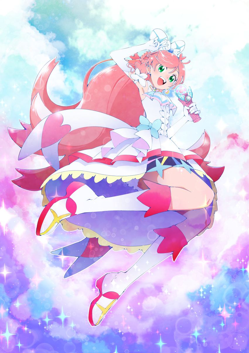 1girl absurdres arm_up ascot boots bow braid brooch center_frills cloud cloudy_sky commentary crescent crescent_earrings cure_prism dress earrings elbow_gloves flying french_braid frills full_body gloves green_eyes hair_bow highres hirogaru_sky!_precure holding jewelry ji-ma knee_boots layered_dress legs_up long_hair magical_girl medium_dress mismatched_earrings nijigaoka_mashiro open_mouth pink_hair precure side_braids sky sky_mirage sleeveless sleeveless_dress smile solo sparkle stud_earrings v very_long_hair white_ascot white_bow white_dress white_footwear white_gloves wing_brooch