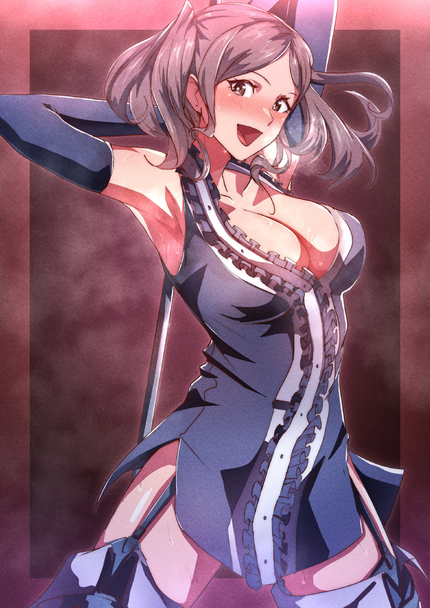 1girl :d absurdres armpits blue_dress blue_gloves blush breasts brown_eyes brown_hair cleavage cynthia_(fire_emblem) dress elbow_gloves fire_emblem fire_emblem_awakening garter_straps gloves highres holding holding_polearm holding_weapon large_breasts looking_at_viewer open_mouth parted_bangs polearm polearm_behind_back smile solo steaming_body thighhighs to_(tototo_tk) twintails weapon