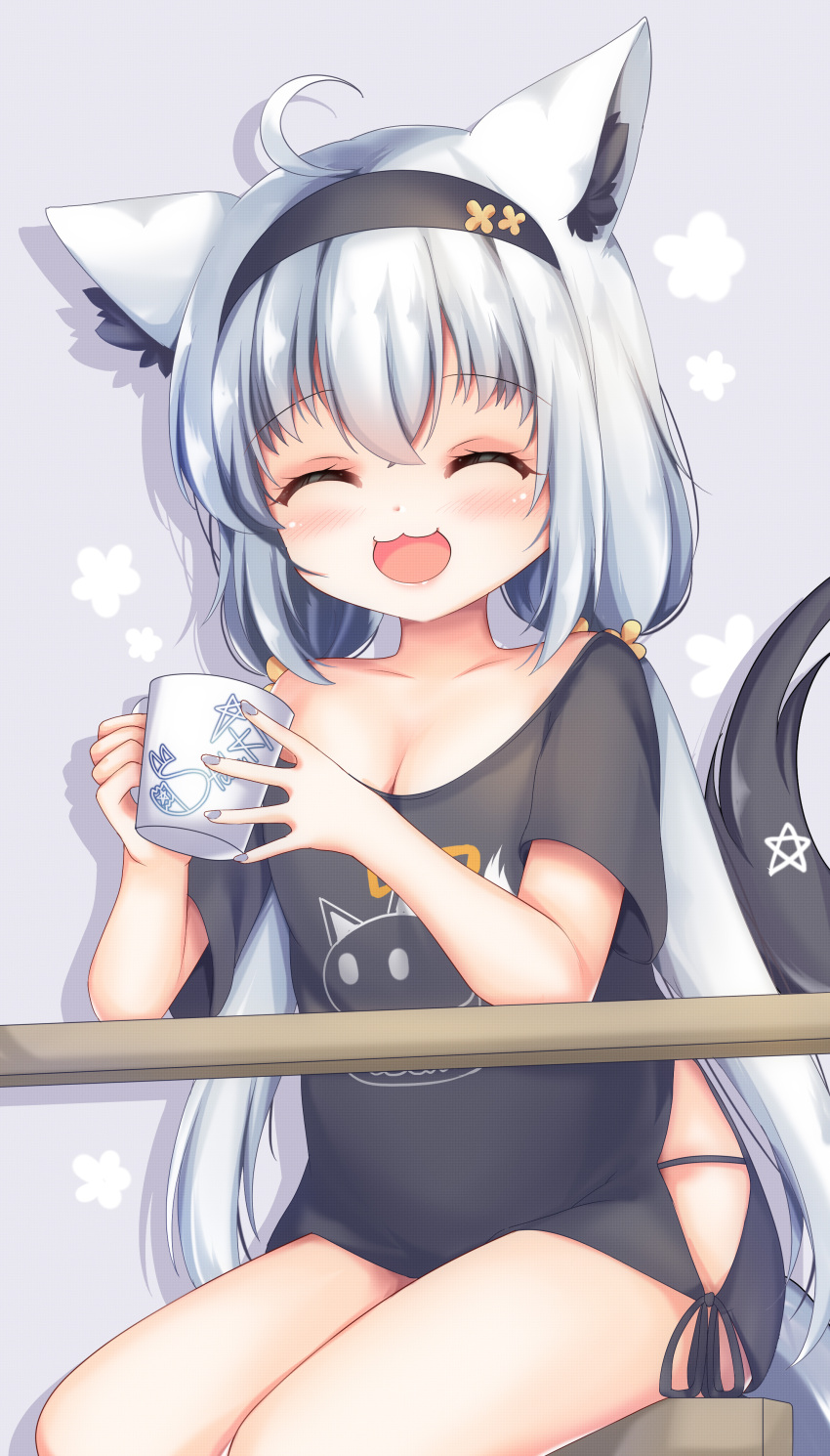 1girl absurdres ahoge animal_ear_fluff animal_ears black_headband black_shirt blush breasts cleavage closed_mouth cup fox_ears fox_girl fox_tail grandapple71 headband highres holding holding_cup hololive long_hair low_twintails medium_breasts official_alternate_costume open_mouth shirakami_fubuki shirakami_fubuki_(7th_costume) shirt smile solo tail tied_shirt twintails virtual_youtuber