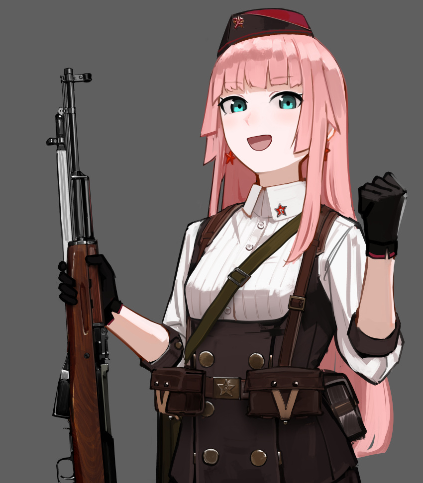 1girl absurdres aqua_eyes belt black_gloves buckle earrings garrison_cap girls'_frontline gloves grey_background gun hammer_and_sickle hat highres holding holding_gun holding_weapon jewelry long_hair looking_at_viewer open_mouth pink_hair pouch rampart1028 rifle simonov_(girls'_frontline) sks smile solo star_(symbol) star_earrings upper_body weapon