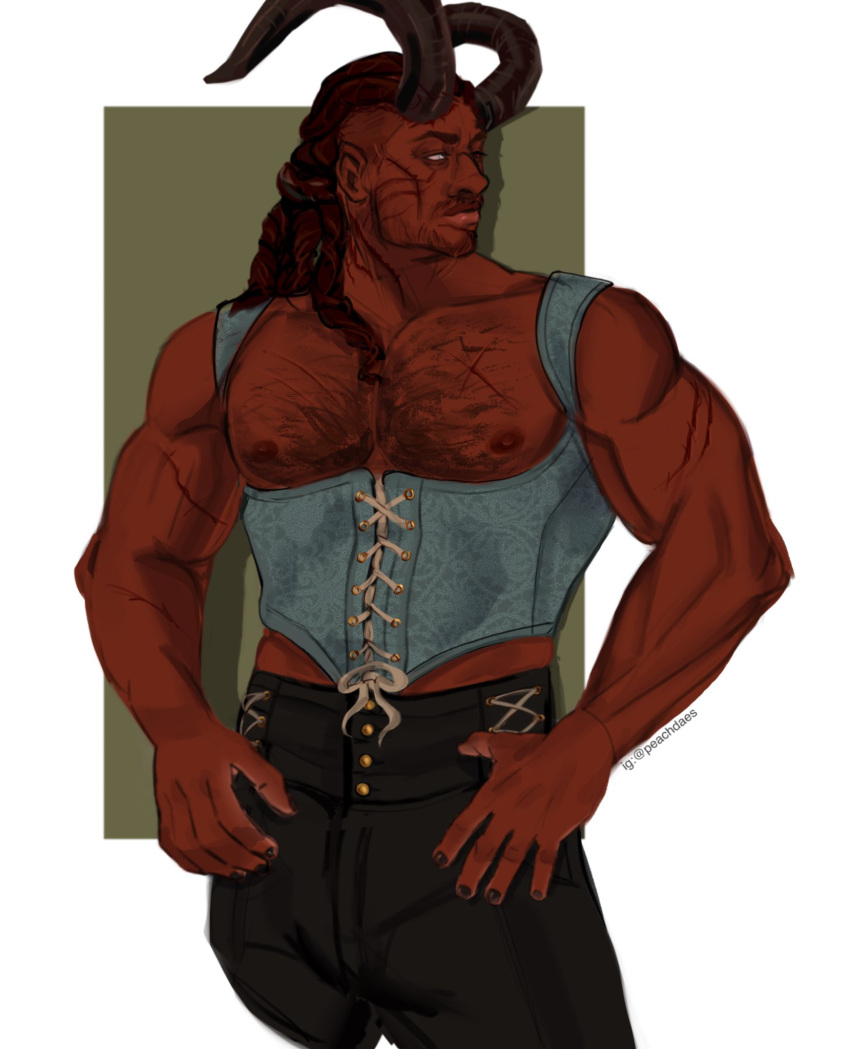 1boy baldur's_gate baldur's_gate_3 bara big_nose black_nail_polish black_pants blue_corset buttoned_pants chest_hair cornrows_braided_hair corset crop_top dark-skinned_male dark_skin demon_horns dungeons_and_dragons facial_hair goatee goatee_stubble green_box hairy_chest hands_in_pockets highres horns male_focus muscular muscular_male nipples pants peachydaes2 scar scar_on_cheek scar_on_chest scar_on_face scar_on_forearm stubble white_background wyll_(baldur's_gate)