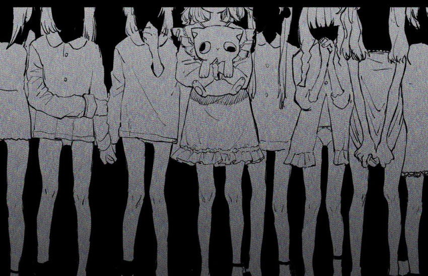 6+girls ankle_strap apron collared_shirt dress faceless faceless_female facing_viewer greyscale head_out_of_frame holding holding_stuffed_toy long_hair monochrome multiple_girls original panties red_hod shirt short_hair sketch stuffed_animal stuffed_cat stuffed_toy underwear