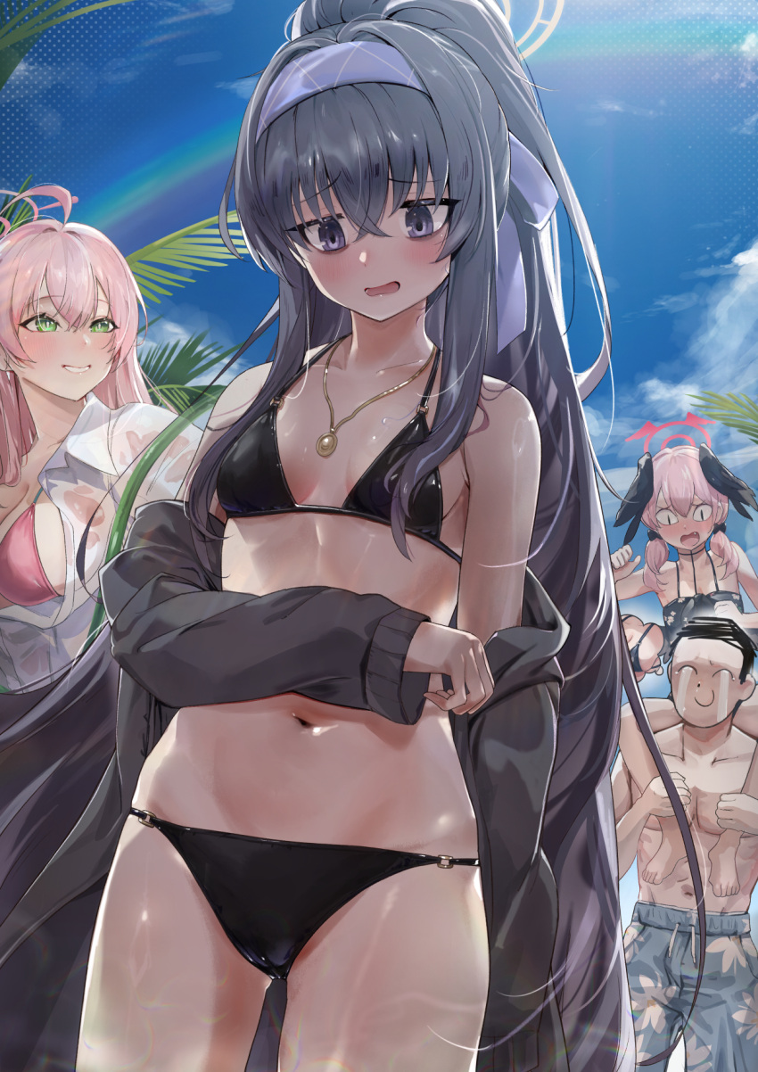 &lt;|&gt;_&lt;|&gt; 1boy 3girls ahoge bags_under_eyes bare_shoulders bikini black_bikini black_wings blue_archive blush breasts cardigan carrying carrying_person crying doodle_sensei_(blue_archive) feathered_wings floral_print front-tie_bikini_top front-tie_top green_eyes grey_cardigan halo hanako_(blue_archive) hanako_(swimsuit)_(blue_archive) haowei_wu head_wings highres jewelry koharu_(blue_archive) koharu_(swimsuit)_(blue_archive) large_breasts long_hair long_sleeves low_twintails multiple_girls navel necklace off_shoulder official_alternate_costume open_clothes open_mouth outdoors pink_hair pink_halo ponytail print_bikini sensei_(blue_archive) shirt shoulder_carry small_breasts smile spaghetti_strap standing stomach streaming_tears string_bikini swimsuit tears twintails ui_(blue_archive) ui_(swimsuit)_(blue_archive) white_shirt wings