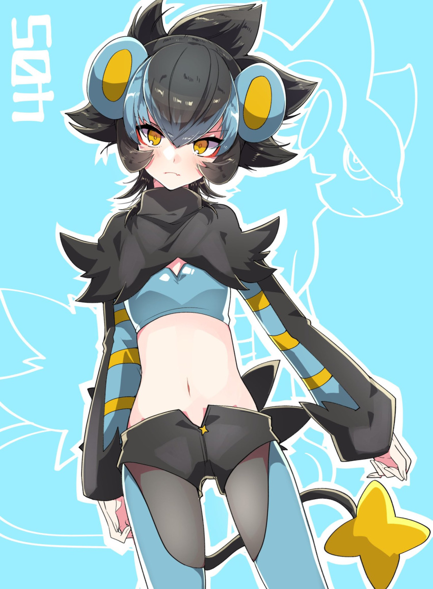 1girl animal_ears aqua_background bangs black_capelet black_hair black_legwear black_shorts blue_hair blue_legwear blue_shirt breasts capelet closed_mouth commentary cowboy_shot creatures_(company) crop_top eyeshadow fang frown game_freak gen_4_pokemon hair_between_eyes highres legs_apart long_sleeves looking_at_viewer luxray makeup midriff multicolored_hair navel nintendo open_fly pantyhose personification pokemon shirt short_hair short_shorts shorts sidelocks sleeves_past_wrists small_breasts solo standing stomach tail takeshima_(nia) two-tone_hair two-tone_legwear v-shaped_eyebrows yellow_eyes