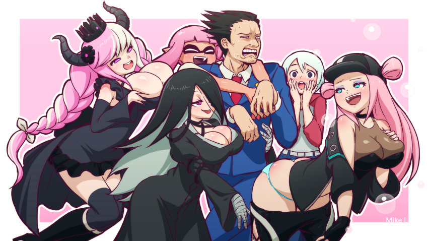 1boy 5girls ace_attorney another_code ashley_mizuki_robbins bent_over black_hair blue_suit breasts cleavage clothes_pull crossover dress eris_illmater foamstars grinding hat highres horns hug hug_from_behind huge_breasts inkling_girl inkling_player_character master_detective_archives:_rain_code mike_inel multiple_crossover multiple_girls panties pants pants_pull phoenix_wright shinigami_(rain_code) smile soa_(foamstars) splatoon_(series) suit tyrion_cuthbert:_attorney_of_the_arcane underwear white_hair wince