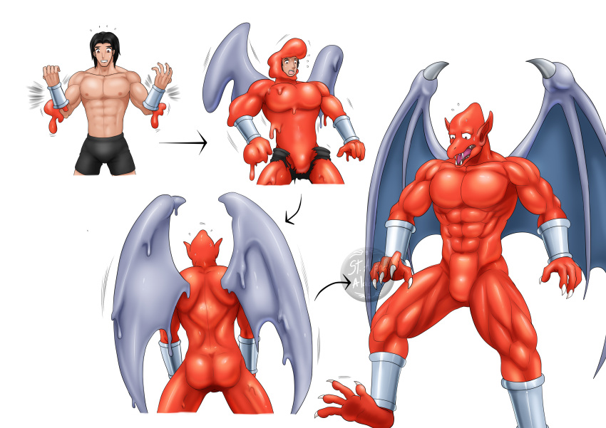 4_fingers 4_toes abs absurd_res alabuster bulge clothing colored feet fingers firebrand gargoyle goo_transformation growth hi_res human male mammal membrane_(anatomy) membranous_wings muscular muscular_male nipples red_body simple_background solo species_transformation toes torn_clothing transformation transformation_sequence underwear wing_growth wings