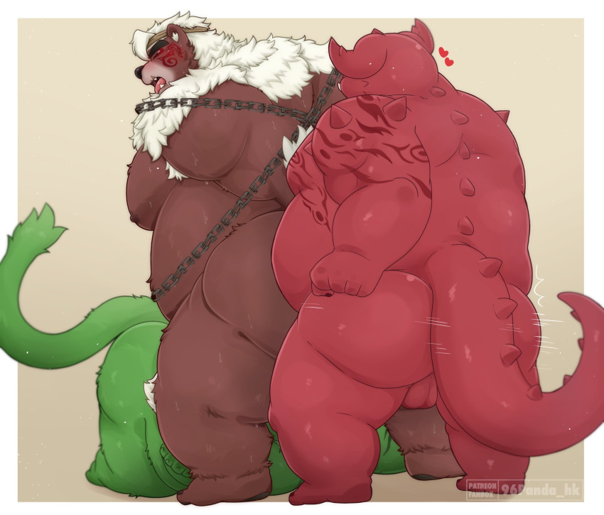 2024 96panda anthro backsack balls bear belly big_belly big_butt brown_body butt chain chained fire_baron genitals green_body group group_sex hi_res kemono kimun_kamui_(tas) lifewonders male mammal moobs overweight overweight_male red_body sex simple_background threesome tokyo_afterschool_summoners wood_baron