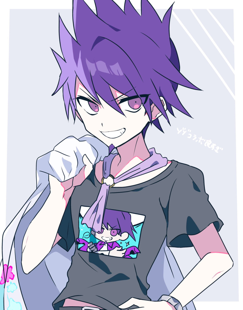 1boy black_shirt character_print danganronpa_(series) danganronpa_v3:_killing_harmony facial_hair goatee grin hair_between_eyes hand_on_own_hip hand_up highres holding momota_kaito o-ring pink_eyes pink_hair self_character_print shirt short_sleeves smile solo spiked_hair teeth todoroki_gk2 upper_body watch wristwatch