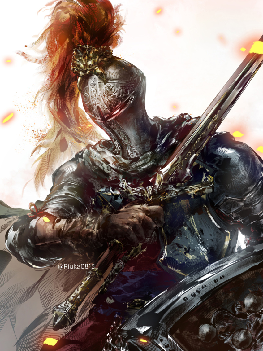 1boy armor brown_gloves elden_ring embers gloves glowing glowing_eyes helmet highres holding holding_shield holding_sword holding_weapon pauldrons plume red_eyes redmane_knight_ogha riuka0813 shield shoulder_armor simple_background sword twitter_username upper_body weapon white_background