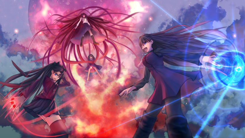 absurdly_long_hair ame-kan aozaki_aoko battle between_fingers black_hair blue_eyes boots creator_connection crossover dress epic fate/stay_night fate_(series) full_moon gem glowing highres kara_no_kyoukai knee_boots kokutou_azaka long_hair magic_circle mahou_tsukai_no_yoru moon multiple_crossover multiple_girls pantyhose red_moon skirt sweater thigh_boots thighhighs toono_akiha toosaka_rin tsukihime two_side_up type-moon very_long_hair zettai_ryouiki