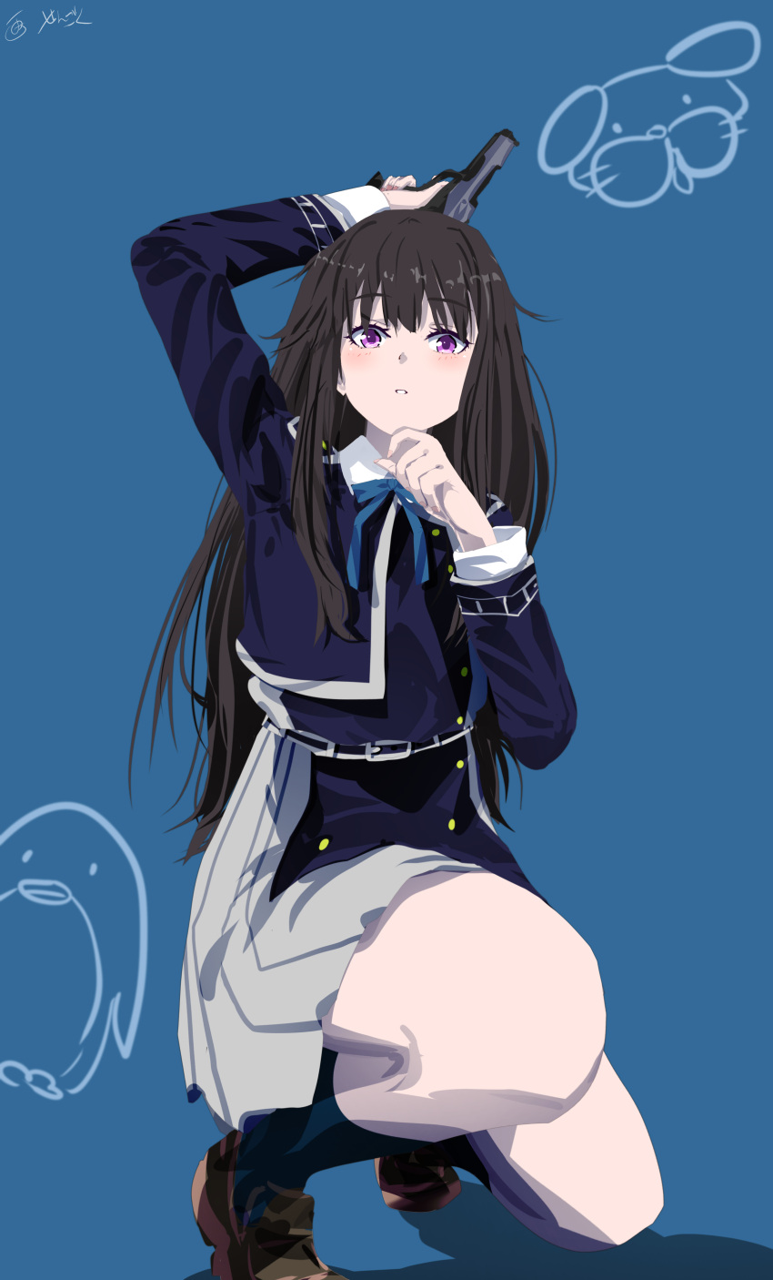 1girl absurdres arm_behind_back arm_up belt bird black_belt black_socks blue_background blue_dress blue_ribbon brown_footwear buttons collared_dress dog dress full_body grey_dress gun hand_on_own_chin handgun highres holding holding_gun holding_weapon inoue_takina knees loafers long_hair long_sleeves looking_at_viewer lycoris_recoil lycoris_uniform neck_ribbon parted_lips penguin purple_eyes ribbon sengoku_chidori shadow shoes sidelocks signature simple_background socks solo squatting two-tone_dress weapon