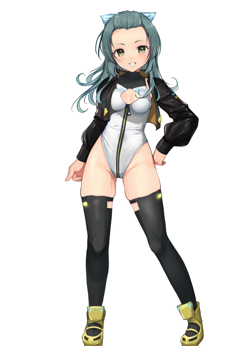 1girl absurdres alice_gear_aegis black_jacket black_thighhighs blue_ribbon breasts circle_cutout cleavage_cutout clothing_cutout companion/af forehead front_zipper full-length_zipper full_body green_eyes green_hair hair_ribbon hand_on_own_hip highres jacket kantai_collection leotard long_hair medium_breasts open_clothes open_jacket race_queen ribbon sleeveless sleeveless_turtleneck small_breasts smile solo standing suzunami_(kancolle) thighhighs turtleneck turtleneck_leotard two-tone_leotard white_background yashin_(yasinz) zipper zipper_leotard