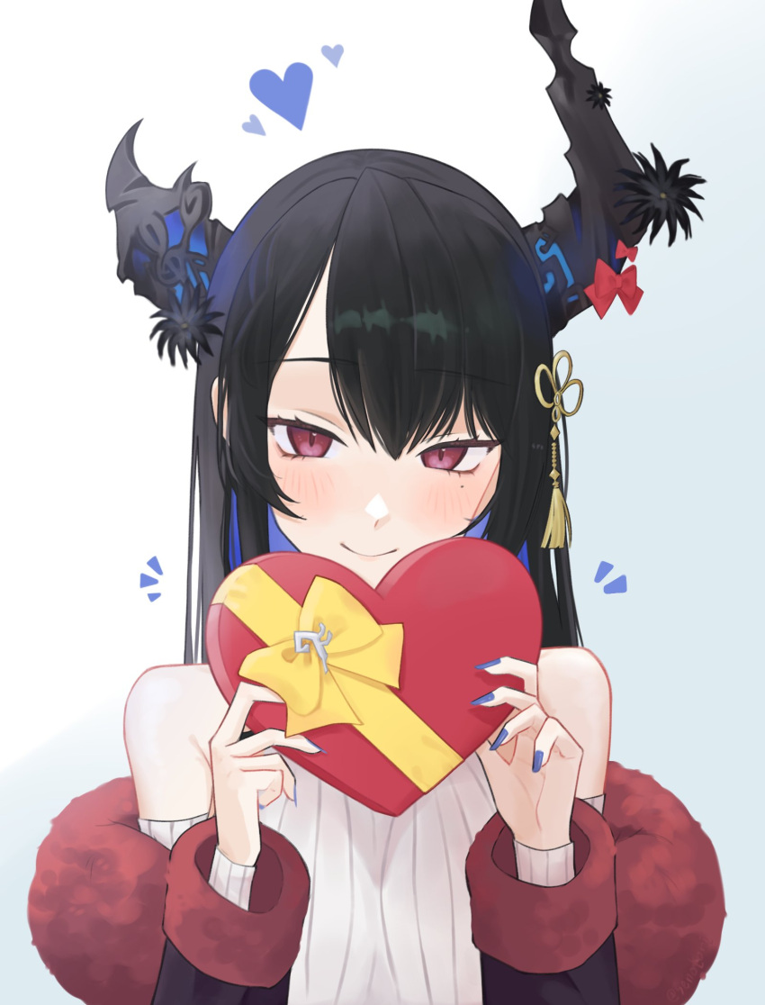 1girl asymmetrical_horns black_hair blue_hair blush box colored_inner_hair demon_horns hair_ornament heart heart-shaped_box highres holding holding_box hololive hololive_english horns long_hair looking_at_viewer mole mole_under_eye multicolored_hair nerissa_ravencroft red_eyes senotori smile solo two-tone_hair uneven_horns valentine virtual_youtuber