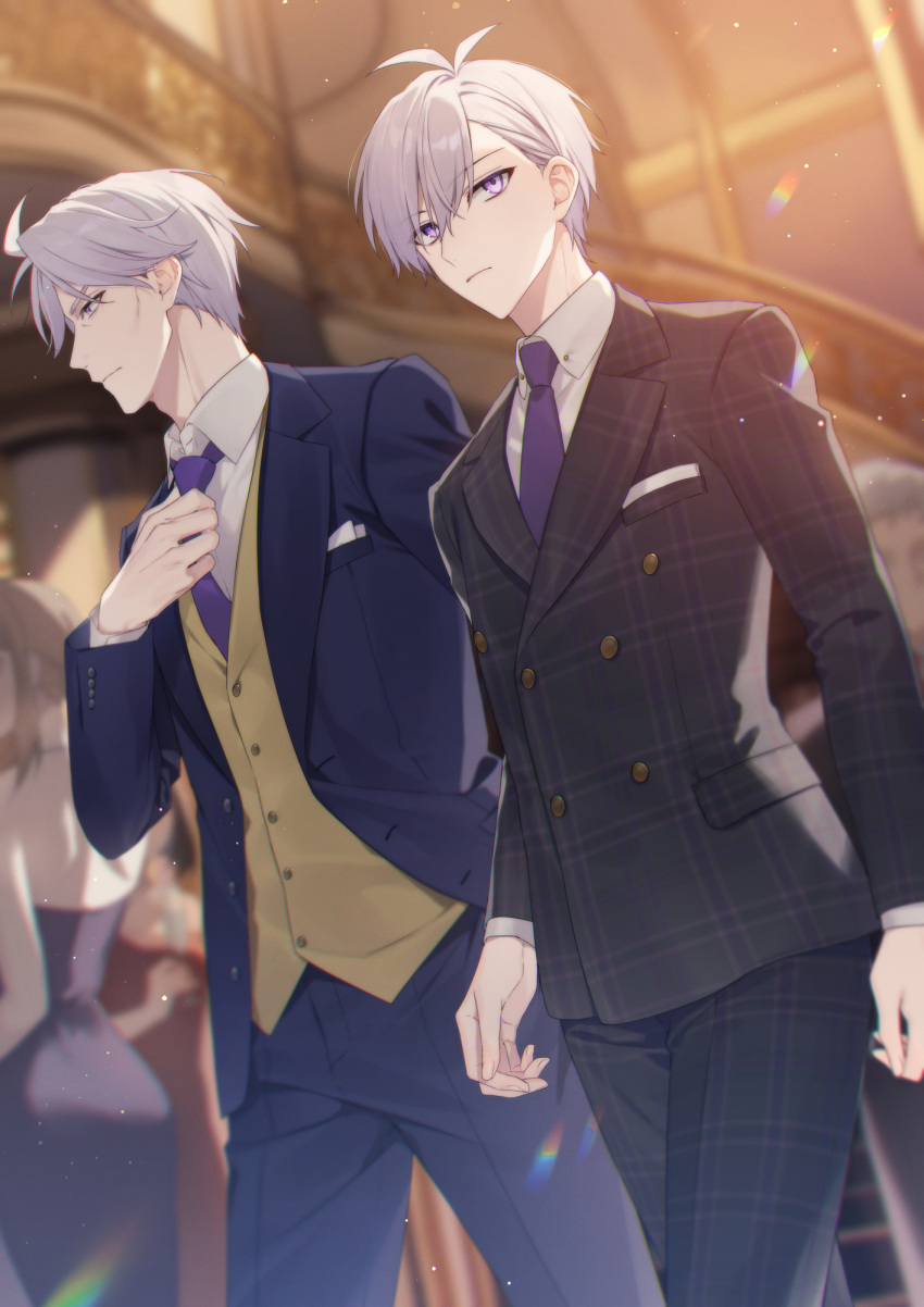 2girls 3boys adjusting_clothes adjusting_necktie aiue_o_eiua arms_at_sides black_suit blue_suit blurry blurry_background commentary_request cowboy_shot father_and_son formal frown highres idolish7 indoors jacket looking_to_the_side multiple_boys multiple_girls necktie osaka_soshi osaka_sougo pants plaid plaid_jacket plaid_pants pocket_square purple_eyes purple_hair purple_necktie short_hair stairs suit vest yellow_vest