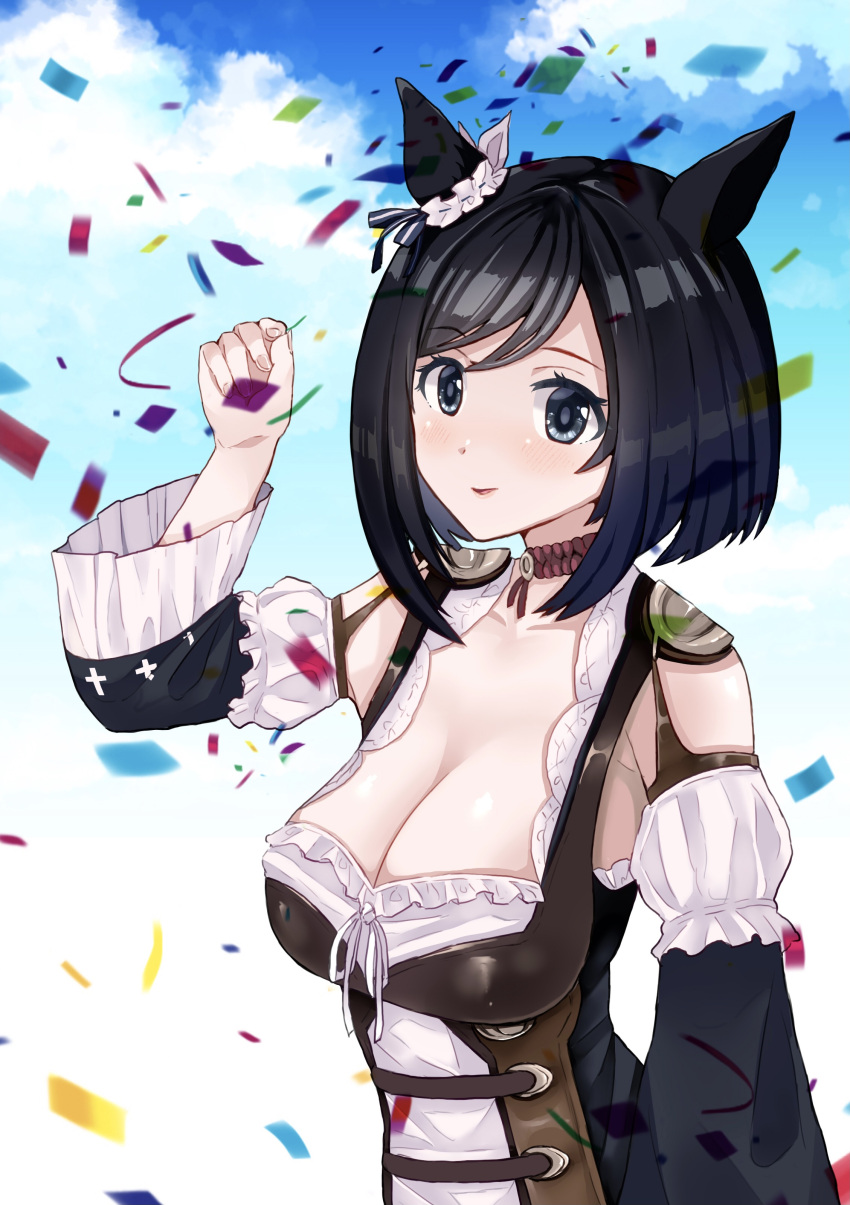 1girl absurdres animal_ears apron black_hair black_sleeves blouse blue_eyes blue_sky bob_cut bodice breasts choker cleavage cloud cloudy_sky commentary_request confetti detached_sleeves dirndl ear_scrunchie eishin_flash_(umamusume) frilled_apron frilled_sleeves frills from_side german_clothes hair_between_eyes highres horei_tsuna horse_ears horse_girl looking_at_viewer looking_to_the_side outdoors red_choker scrunchie shirt short_hair sky smile solo umamusume upper_body white_apron white_scrunchie white_shirt