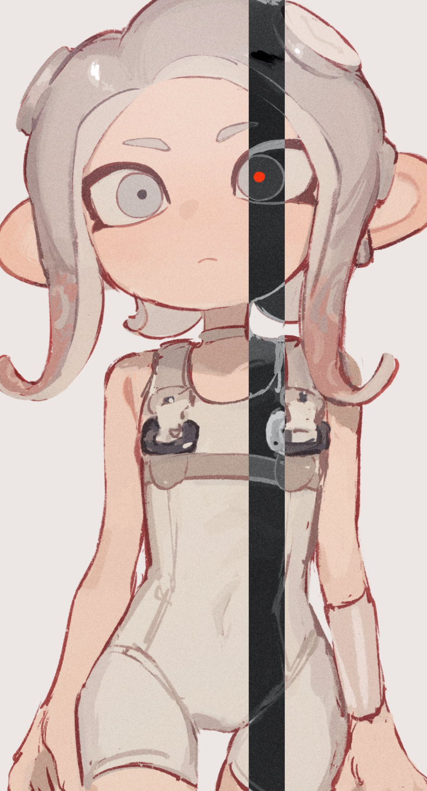 1girl absurdres agent_8_(splatoon) bodysuit brown_hair closed_mouth covered_navel cowboy_shot gradient_hair grey_eyes grey_hair highres medium_hair multicolored_hair negative octoling_girl octoling_player_character s_ototonhap simple_background sleeveless sleeveless_bodysuit solo splatoon_(series) splatoon_3 splatoon_3:_side_order standing tentacle_hair two-tone_hair white_background white_bodysuit