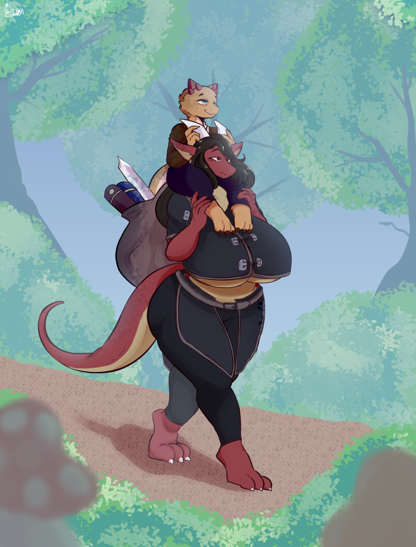 absurd_res anthro backpack bag belt big_breasts big_butt big_tail bottomwear breasts brown_hair bulka_(artist) butt carrying_another clothed clothing day dragon duo ethy_(toastydino) european_mythology eye_bags female forest forest_background fully_clothed green_eyes hair hi_res holding_horn horn huge_breasts jacket kobold leg_grab light male mythological_creature mythological_scalie mythology nature nature_background on_shoulders orange_body orange_horn orange_scales outside pants plant red_body red_eyes red_scales scales scalie size_difference sunlight tail thick_thighs topwear tree under_boob walking western_dragon white_horn zak_gem