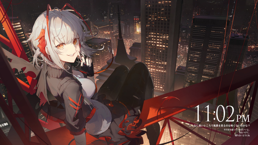 1girl antennae arknights black_gloves black_jacket black_pantyhose black_skirt building cityscape commentary cropped_jacket fingerless_gloves from_behind full_body gloves grey_shirt grin highres horns index_finger_raised jacket kuroduki_(pieat) looking_at_viewer looking_back night open_clothes open_jacket outdoors pantyhose red_eyes red_horns red_nails shirt short_hair sitting skirt skyscraper smile solo timestamp translation_request truss w_(arknights) white_hair