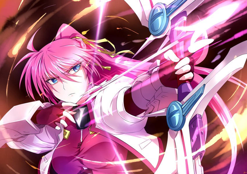 aiming arrow blue_eyes bow_(weapon) drawing_bow hair_ribbon holding holding_arrow holding_bow_(weapon) holding_weapon levantine long_hair lyrical_nanoha mahou_shoujo_lyrical_nanoha mahou_shoujo_lyrical_nanoha_a's outstretched_arm pink_hair ponytail ribbon signum sm318 solo vest weapon