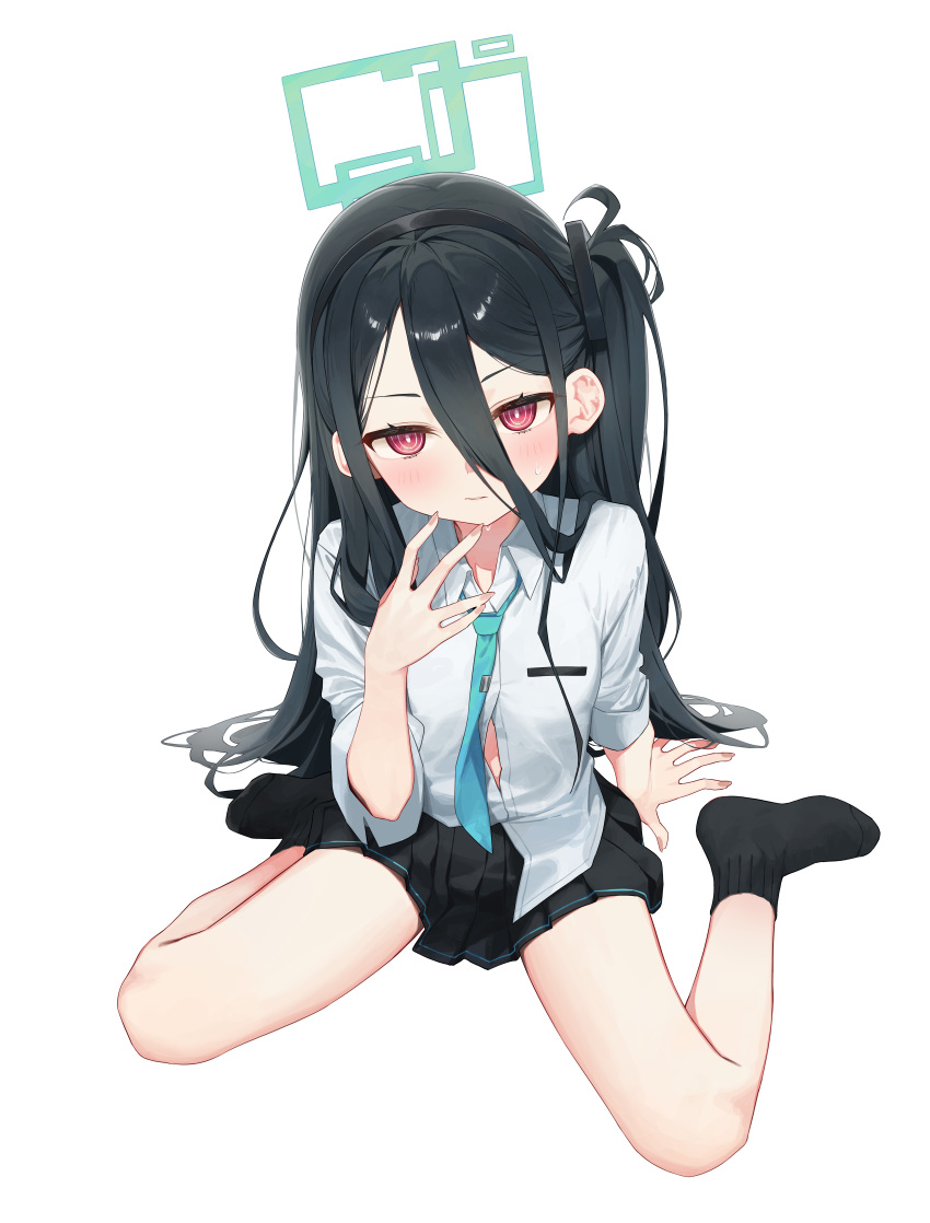 &lt;key&gt;_(blue_archive) 1girl absurdly_long_hair absurdres black_hair black_hairband black_skirt black_socks blue_archive blue_necktie blush collared_shirt fingernails green_halo hairband halo highres long_hair long_sleeves looking_at_viewer necktie one_side_up open_mouth pleated_skirt red_eyes ringed_eyes shirt simple_background skirt socks solo syhan very_long_hair white_background white_shirt