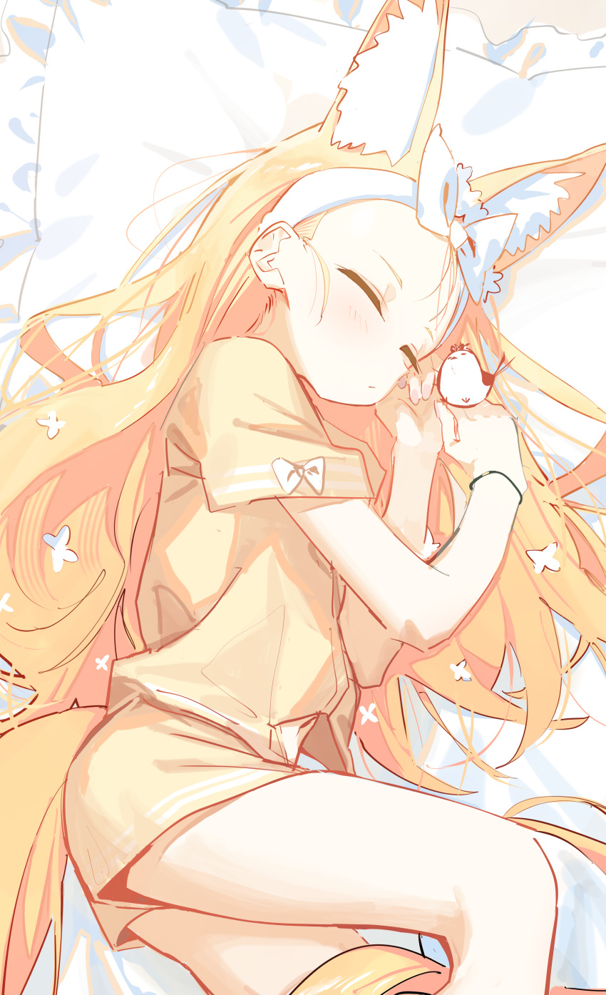 1girl absurdres animal animal_ears bed_sheet bird blonde_hair blue_archive closed_eyes closed_mouth extra_ears fox_ears highres long_hair lying on_side pajamas pillow seia_(blue_archive) short_sleeves solo syhan white_bird yellow_pajamas