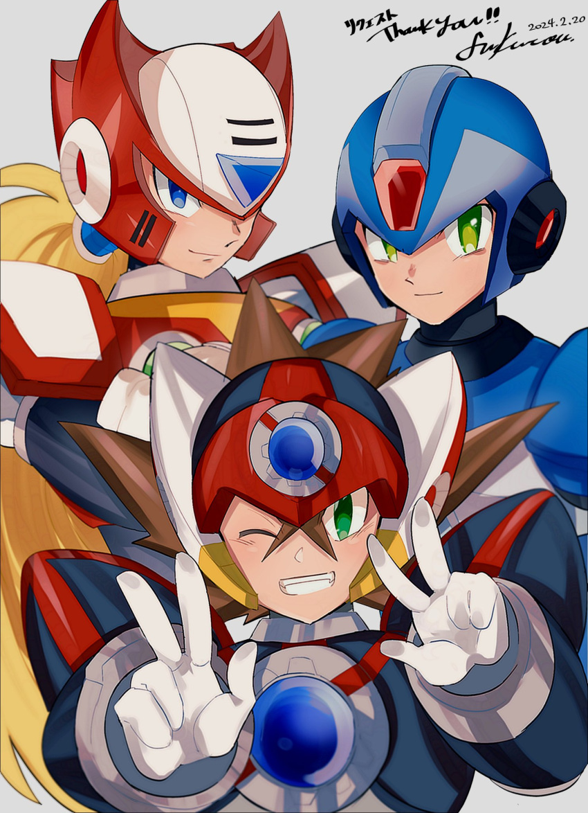 3boys axl_(mega_man) baron-0628 blonde_hair blue_eyes brown_hair dated double_v green_eyes helmet highres long_hair medium_hair mega_man_(series) mega_man_x_(series) multiple_boys one_eye_closed ponytail robot upper_body v x_(mega_man) zero_(mega_man)