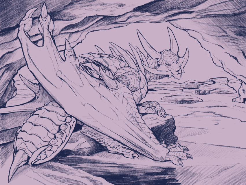 absurd_res ambiguous_gender cave claws feral hi_res horn khyaber looking_at_viewer membrane_(anatomy) membranous_wings monochrome mouth_closed pupils scales scalie slit_pupils solo species_request stinger wings