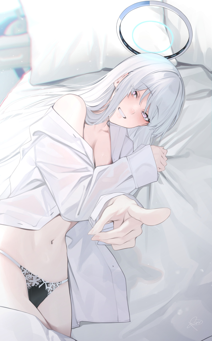 1girl absurdres black_panties blue_archive blush breasts cleavage collarbone grin halo highres long_hair long_sleeves looking_at_viewer lying mechanical_halo navel noa_(blue_archive) on_bed on_side panties pillow pointing pointing_at_viewer purple_eyes rerrere shirt smile solo underwear white_shirt