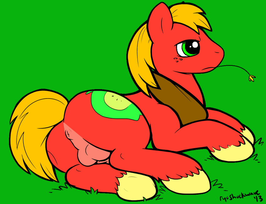 2014 anus balls barefoot big_macintosh_(mlp) butt cutie_mark equine feral freckles friendship_is_magic frown hair hay hooves hornybunny horse lying male mammal my_little_pony nude on_floor on_side penis ryoshockwave short_hair solo