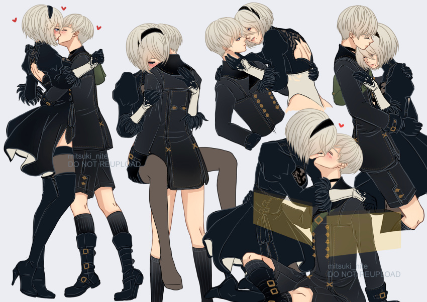 1girl 2b_(nier:automata) 9s_(nier:automata) artist_name back_cutout black_dress black_footwear black_hairband black_shorts black_socks black_suit black_thighhighs blue_eyes blush boots bug buttons carrying carrying_person closed_eyes clothing_cutout commentary_request cropped_torso dress grey_background grey_hair hairband heart hetero high_heel_boots high_heels kiss mitsuki_nite nier:automata nier_(series) puffy_sleeves short_hair shorts simple_background socks standing suit thighhighs twitter_username watermark