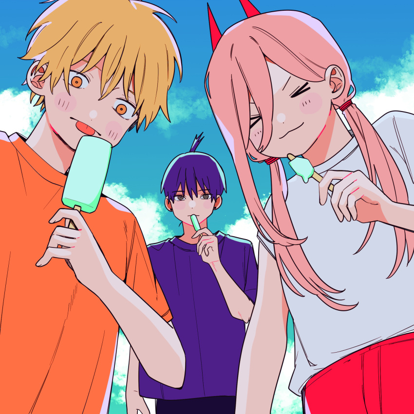 &gt;_&lt; 1girl 2boys alternate_hairstyle blonde_hair blue_sky brown_eyes chainsaw_man closed_eyes cloud commentary_request denji_(chainsaw_man) food gurukousu hair_between_eyes hair_tie hayakawa_aki highres holding holding_food holding_popsicle horns low_twintails multiple_boys orange_eyes orange_shirt pink_hair popsicle power_(chainsaw_man) purple_hair purple_shirt red_horns shirt single_sidelock sky t-shirt topknot twintails