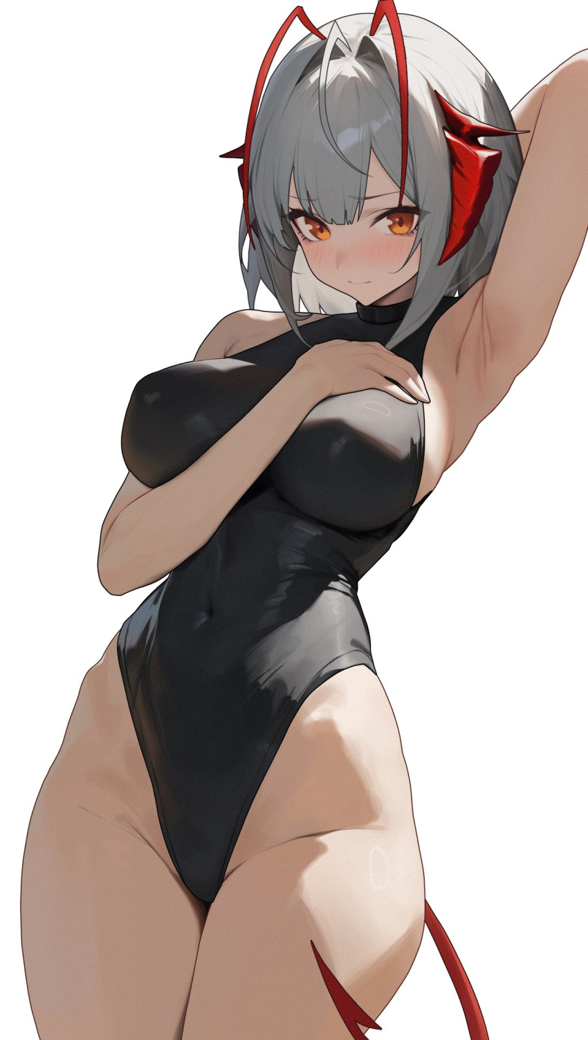 1girl antenna_hair arasaka_inu arknights arm_behind_head armpits black_leotard blush breasts closed_mouth commentary_request covered_navel cowboy_shot demon_girl demon_horns demon_tail dutch_angle hand_on_own_chest highleg highleg_leotard highres horns large_breasts leotard orange_eyes red_hair red_horns red_tail simple_background solo tail w_(arknights) white_background white_hair