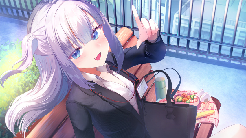 1girl :d bento black_suit blue_eyes bottle bush collared_shirt fang id_card lanyard long_sleeves mesugaki nekosaikou office_lady original outdoors purple_hair railing rooftop shirt smile solo suit tongue white_shirt