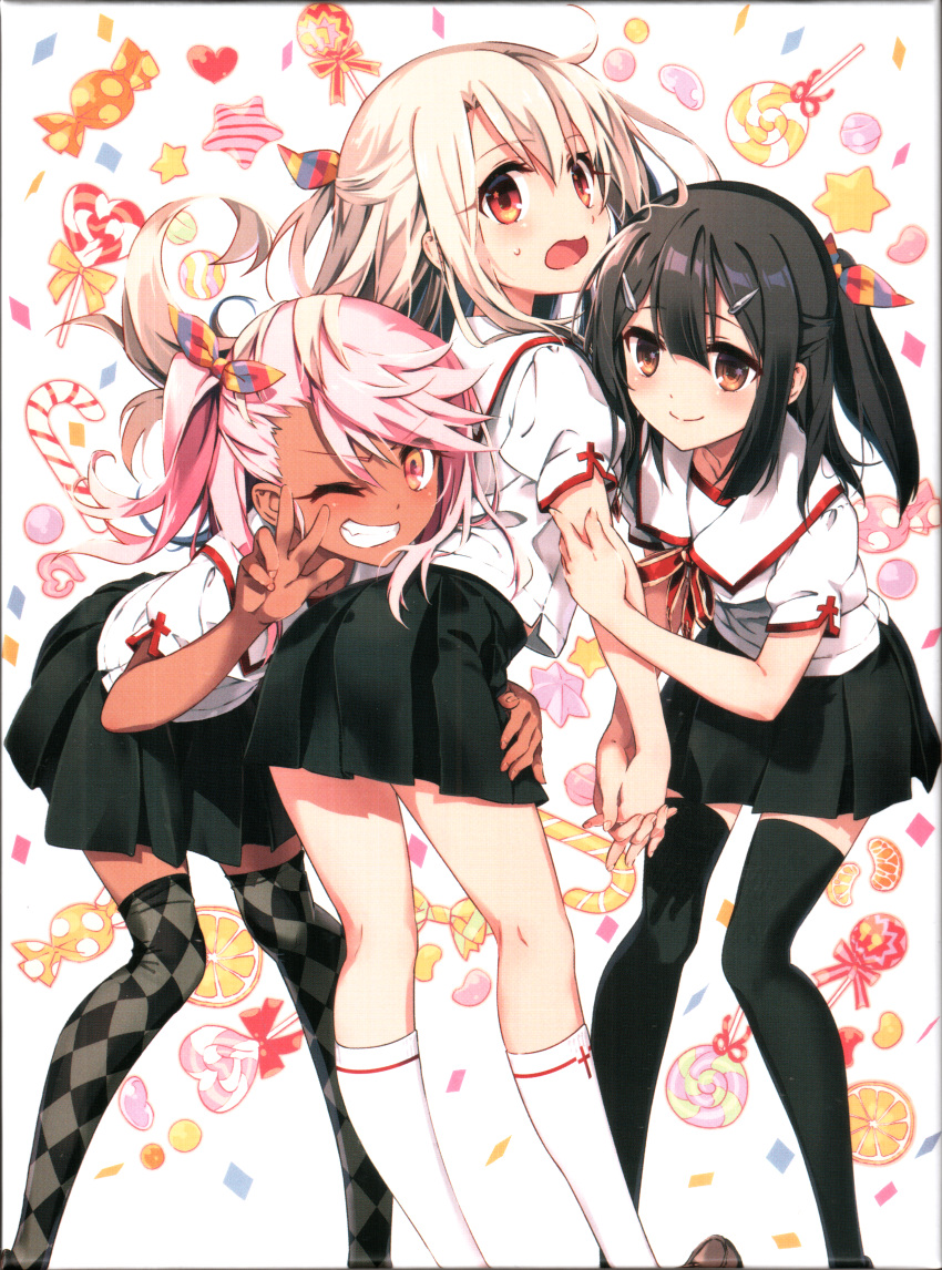 3girls absurdres argyle argyle_legwear ass black_hair black_skirt blonde_hair blush brown_eyes candy candy_cane chloe_von_einzbern dark-skinned_female dark_skin fang fate/kaleid_liner_prisma_illya fate_(series) feet_out_of_frame food hair_ornament hair_ribbon hairclip half_updo hand_on_another's_hip highres hiroyama_hiroshi holding_another's_arm holding_hands homurahara_academy_school_uniform illyasviel_von_einzbern interlocked_fingers kneehighs loafers lollipop long_hair looking_at_viewer looking_back miyu_edelfelt multiple_girls neck_ribbon official_art one_eye_closed one_side_up open_mouth orange_eyes pink_hair pleated_skirt red_ribbon ribbon sailor_collar sailor_shirt scan school_uniform shirt shoes short_sleeves skirt smile socks sweatdrop swirl_lollipop teeth thighhighs third-party_source v white_shirt zettai_ryouiki