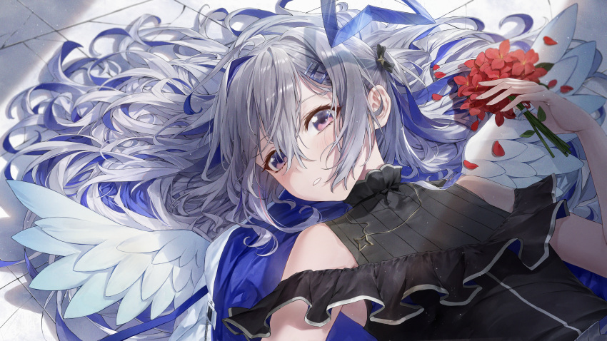 1girl absurdres amane_kanata amane_kanata_(work) angel angel_wings belt black_dress blue_belt blue_hair blue_jacket blush clothing_cutout colored_inner_hair commentary dress flower frilled_dress frills fudepenbrushpen grey_hair hair_ornament hair_tie hairclip halo highres holding holding_flower hololive jacket jewelry long_hair looking_to_the_side lying multicolored_hair necklace petals purple_eyes red_flower shoulder_cutout single_hair_intake sleeveless sleeveless_dress solo star_(symbol) star_halo star_necklace streaked_hair tile_floor tiles upper_body virtual_youtuber wings