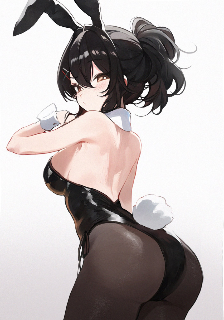 1girl :/ animal_ears ass backless_leotard black_hair black_leotard black_pantyhose blush breasts bright_pupils brown_eyes closed_mouth detached_collar double-parted_bangs fake_animal_ears fake_tail hair_between_eyes hair_intakes hair_ornament hand_up highleg highleg_leotard highres koahri large_breasts leotard looking_at_viewer original pantyhose playboy_bunny ponytail rabbit_ears rabbit_tail raised_eyebrow second-party_source side-tie_leotard simple_background solo strapless strapless_leotard tail turning_head white_background white_pupils white_wrist_cuffs wrist_cuffs x_hair_ornament