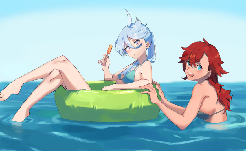 2girls :d aqua_bikini bare_legs barefoot bikini blue_eyes blue_hair breasts closed_mouth crossed_legs dark-skinned_female dark_skin food grey_bikini gundam gundam_suisei_no_majo hair_between_eyes highres holding holding_food holding_popsicle horizon innertube legs long_hair looking_at_viewer miorine_rembran multiple_girls ocean open_mouth outdoors partially_submerged popsicle purple_eyes r_bishh red_hair ripples sideboob sky small_breasts smile suletta_mercury swim_ring swimsuit teeth thick_eyebrows toes upper_body upper_teeth_only water yuri