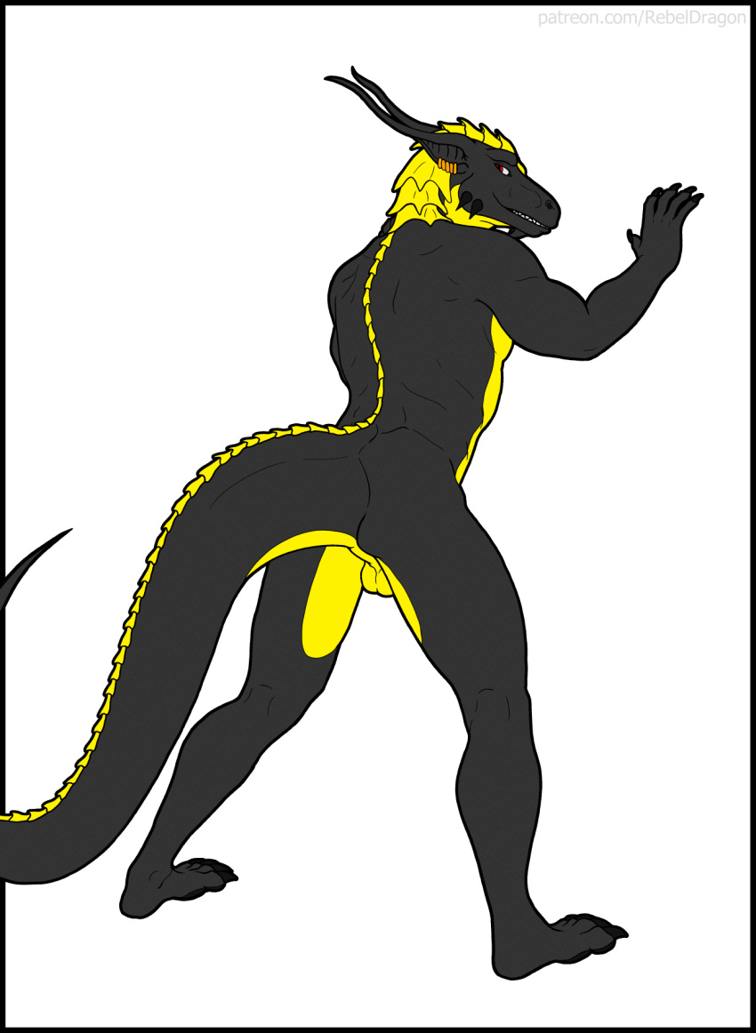 anthro back_muscles back_spikes backsack balls butt claws dragon ear_piercing ear_ring ernesto_(rebeldragon101) feet genitals hi_res long_ears looking_at_viewer male muscular mythological_creature mythological_scalie mythology neck_plate nude pawpads paws perineum piercing rear_view rebeldragon101 ring ring_piercing scalie side_pec smile smiling_at_viewer solo spikes spikes_(anatomy) tail teeth teeth_showing thick_tail thick_thighs