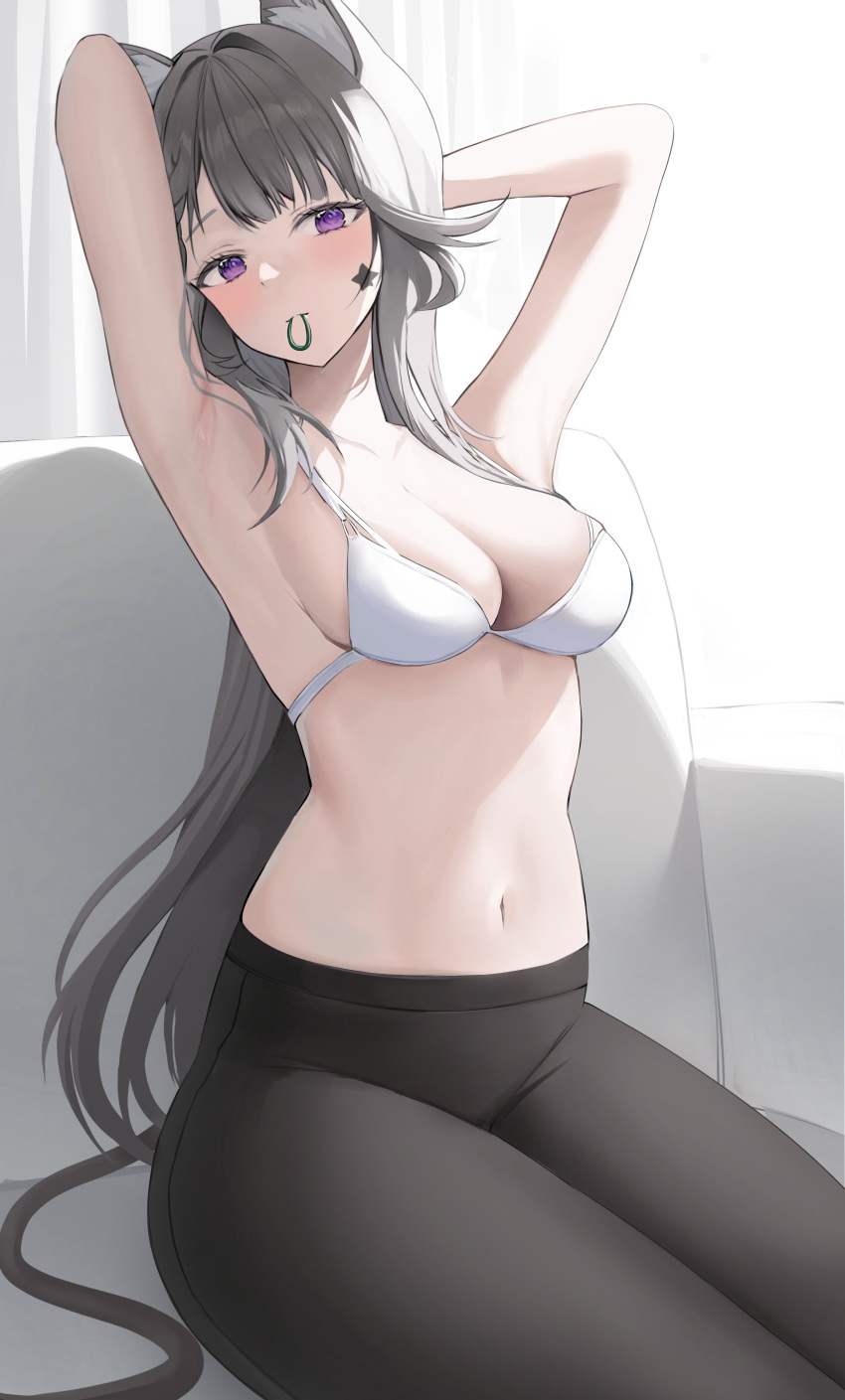 1girl absurdres animal_ear_fluff animal_ears armchair armpits arms_up bare_arms bare_shoulders bikini bikini_top_only black_pants breasts chair cleavage collarbone facial_mark facial_tattoo genshin_impact grey_hair hair_intakes hair_tie_in_mouth highres indoors leggings long_hair looking_at_viewer lynette_(genshin_impact) medium_breasts mouth_hold navel o_cha_(seyc3447) pants presenting_armpit purple_eyes sideboob sidelocks sitting solo star_(symbol) star_facial_mark stomach swimsuit tattoo thighs track_pants tying_hair white_bikini