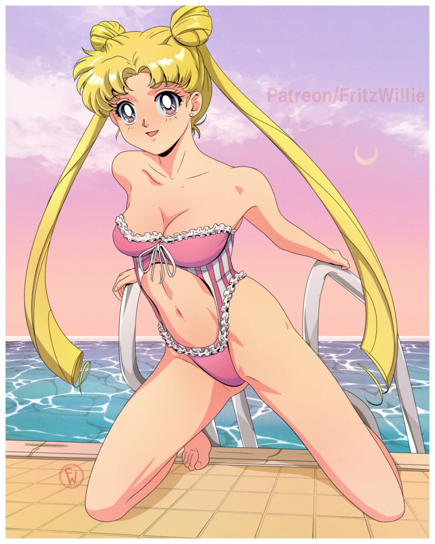 absurdres alternate_eye_color bishoujo_senshi_sailor_moon blonde_hair clothing_cutout earrings frilled_one-piece_swimsuit frills fritz_willie hair_bun highres jewelry long_hair looking_at_viewer midriff navel one-piece_swimsuit pink_eyes pool smile stomach_cutout stud_earrings swimsuit tsukino_usagi twintails