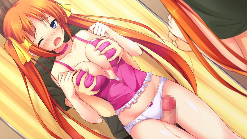 1girl blue_eyes blush breast_grab censored chiri_(atlanta) chuablesoft collarbone game_cg grabbing highres hinohara_kei long_hair no_bra open_mouth orange_hair panties penis twintails underwear wagaya_no_himegami-sama! white_panties wince