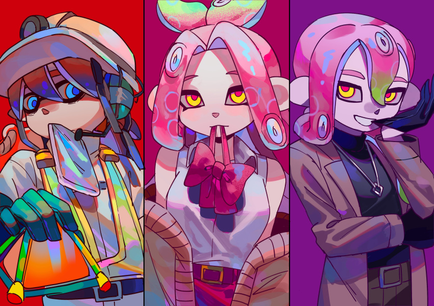 1girl 2boys absurdres belt biting blue_eyes blue_pupils bow brown_suit citrusplatsoda commentary_request glove_biting gloves hair_intakes highres inkling_boy inkling_player_character jewelry medium_hair mining_helmet multicolored_background multiple_boys necklace octoling_boy octoling_girl octoling_player_character pink_hair pointy_ears purple_background red_background red_bow red_pupils simple_background smile splat_bomb_(splatoon) splatoon_(series) suit teeth tentacle_hair yellow_eyes