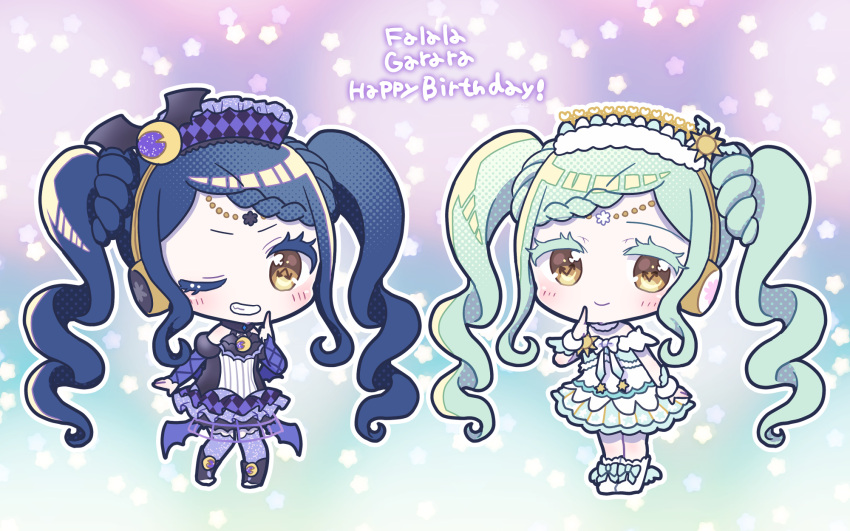 2girls :d arm_up black_dress black_footwear blue_hair braid braided_bangs character_name chibi closed_mouth commentary_request crescent crescent_hair_ornament dress falala_a_larm finger_to_cheek full_body garara_s_leep green_hair hair_ornament happy_birthday head_chain headphones highres idol_time_pripara kokichi_yoko long_hair looking_at_viewer multiple_girls one_eye_closed open_mouth outline pretty_series pripara shoes short_sleeves smile standing sun_hair_ornament thighhighs twintails very_long_hair white_dress white_outline yellow_eyes