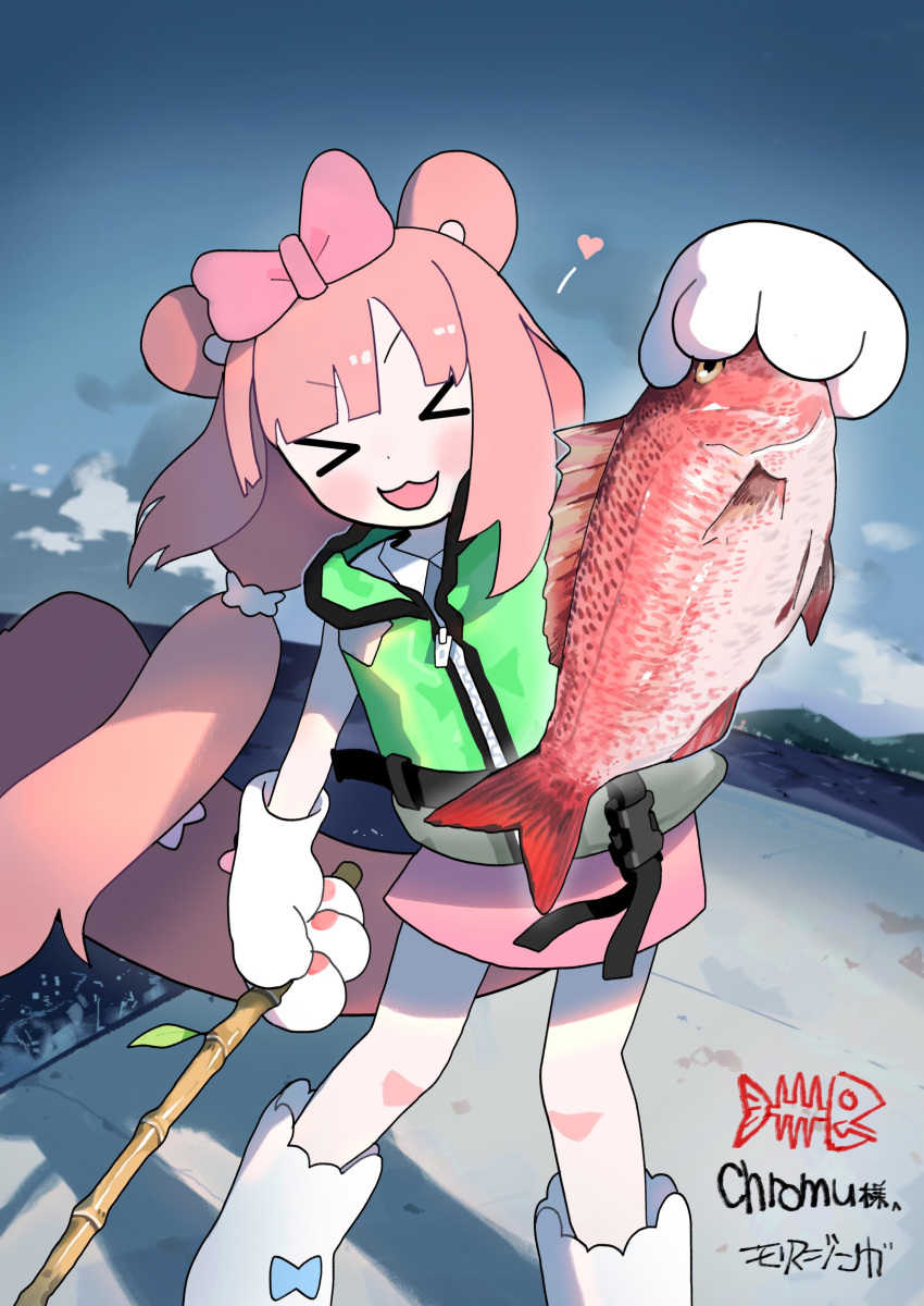 &gt;_&lt; 1girl absurdres animal animal_ears animal_hands blush bow cloud commission dock dress facing_viewer fish fishing_rod gloves green_vest heart highres holding holding_animal holding_fish holding_fishing_rod long_hair open_mouth original outdoors paw_gloves pier pink_bow pink_dress pink_hair red_snapper skeb_commission sky solo syakunetuu tail very_long_hair vest water white_footwear